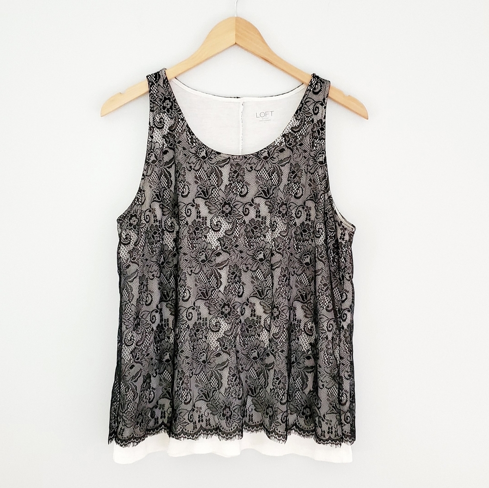 LOFT cream tank top black lace overlay large